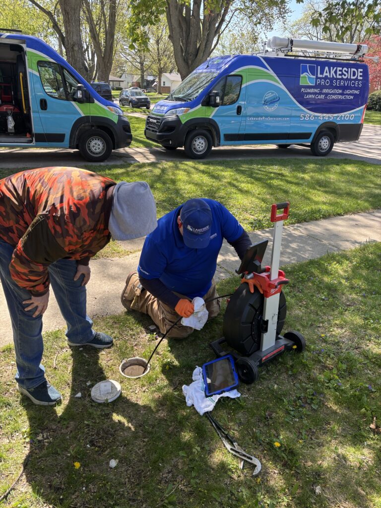 Lakeside Pro Services working with home owner. Snaking a main drain outside to make sure there are no clogs or build up with Lakeside Pro Services vans outside