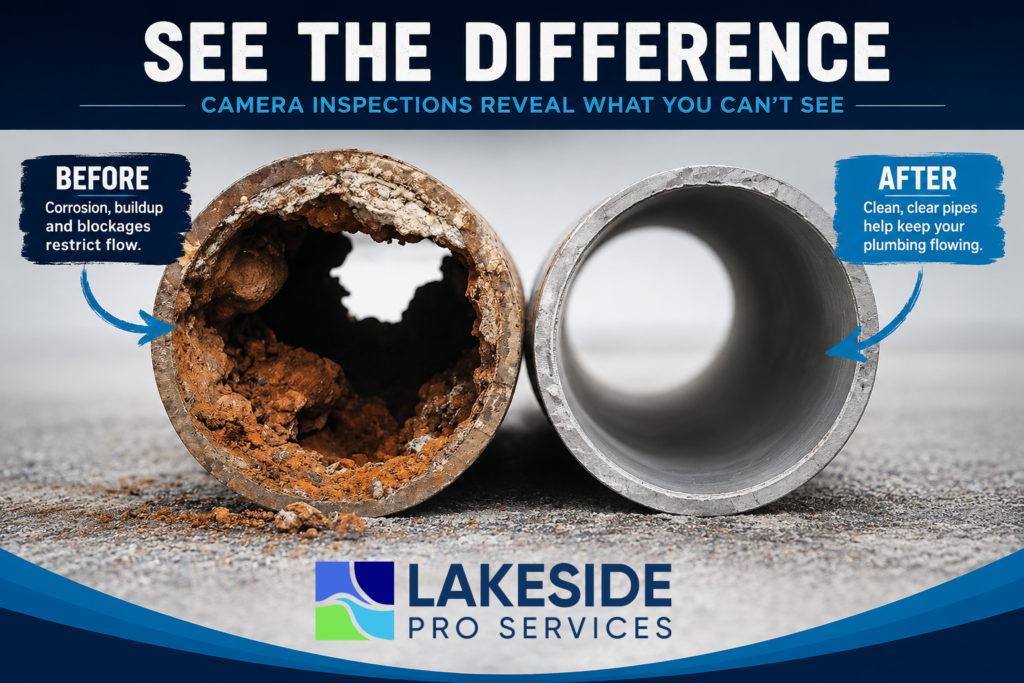 Camera drain inspection showing a corroded pipe with buildup and restricted flow compared to a clean, clear pipe by Lakeside Pro Services.