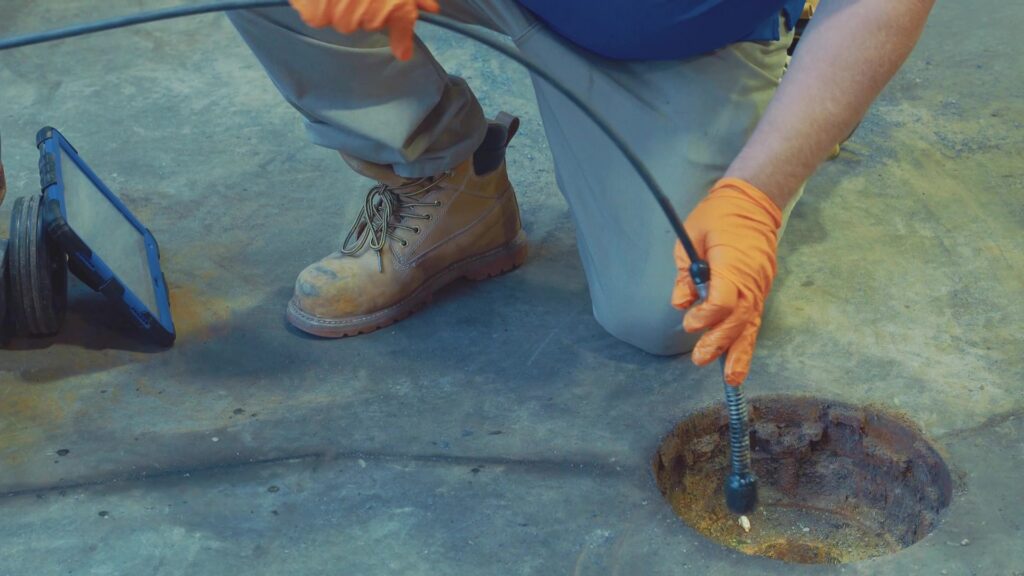 Lakeside Pro Services Employee snaking a drain with a camera to find out what's inside.
